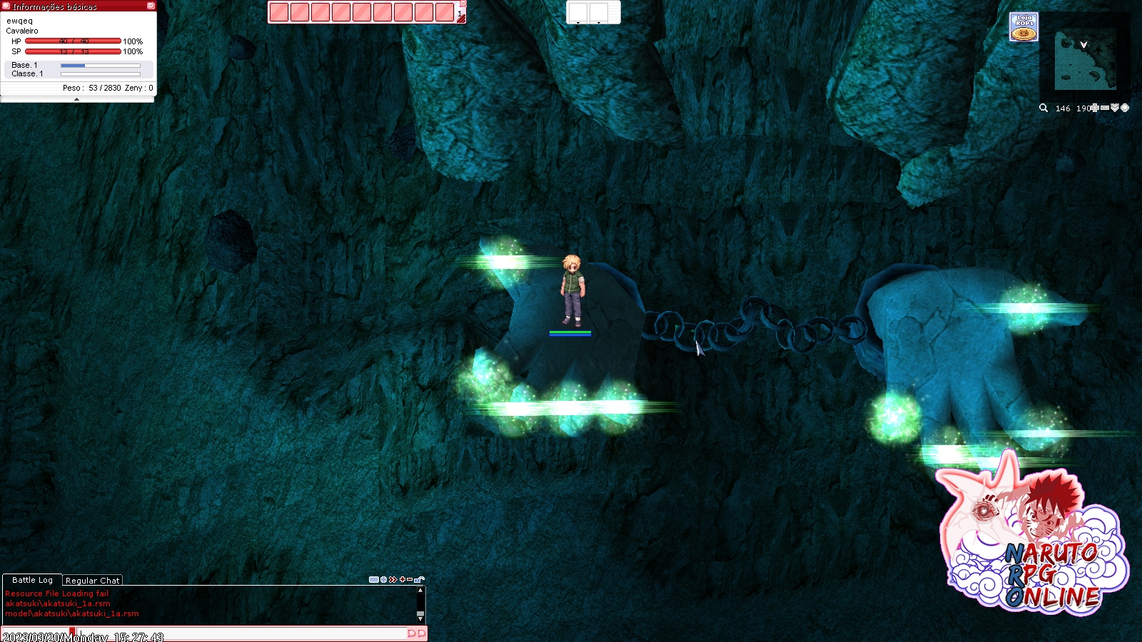 Screenshot de caverna azul com efeitos verdes